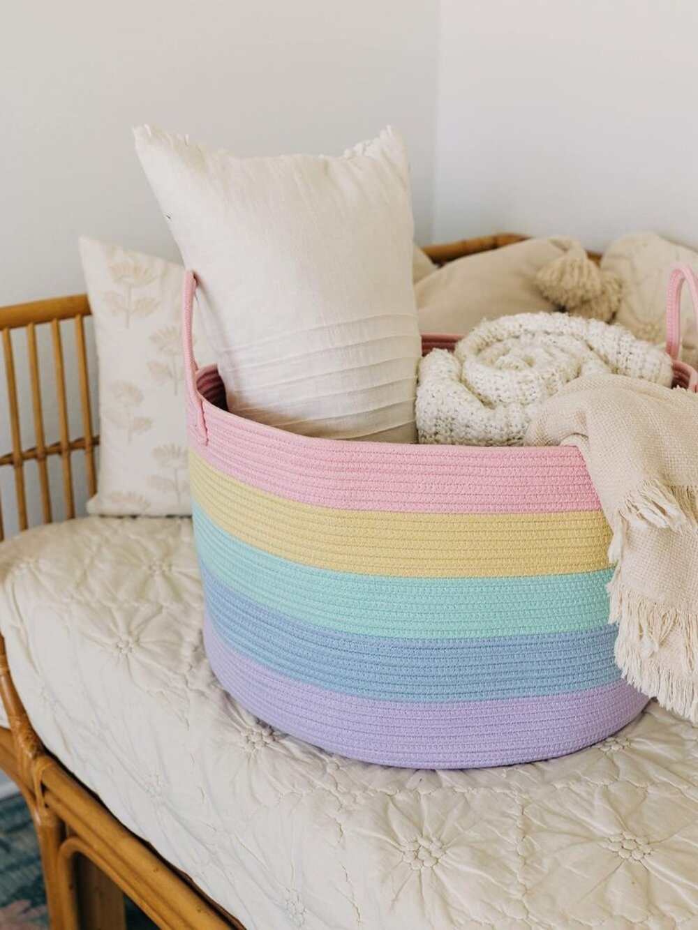 Rainbow Toy Basket & Blanket Storage Bin, Nursery 20x13" | Rainbow Pastel - Roun - Picture 4 of 8